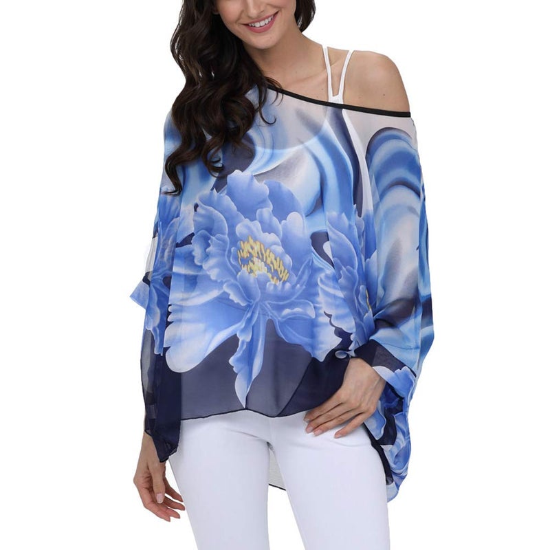 Ckikiou Plus Size Batwing Flowy Semi Sheer Chiffon Blouse Tunic for Women Summer Floral Print Boho Beach Cover ups - Image 4